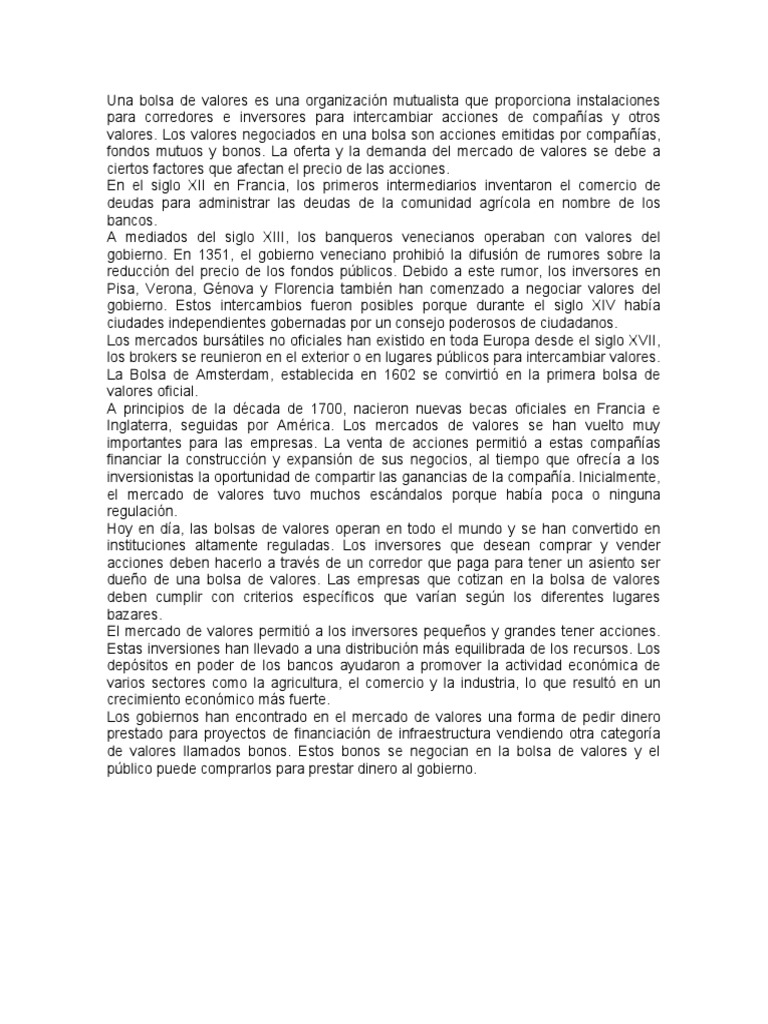 Historia y función de las bolsas de valores | PDF | Bolsa de Valores ...