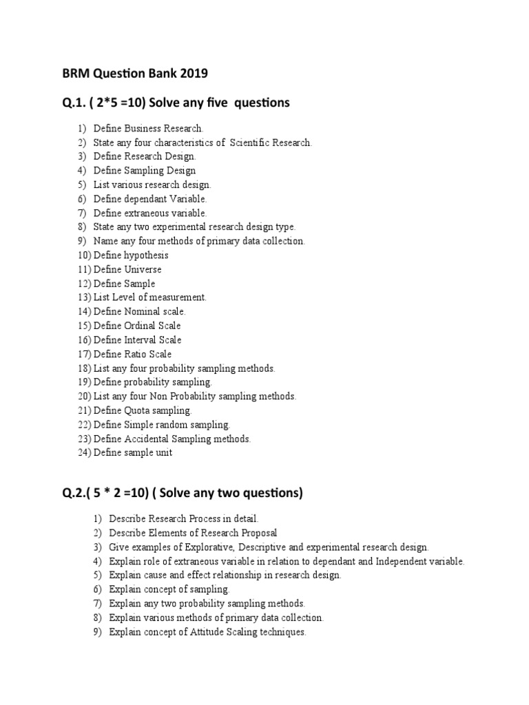 BRM Question Bank 2019 Q.1. (2 5 10) Solve Any Five Questions | PDF ...