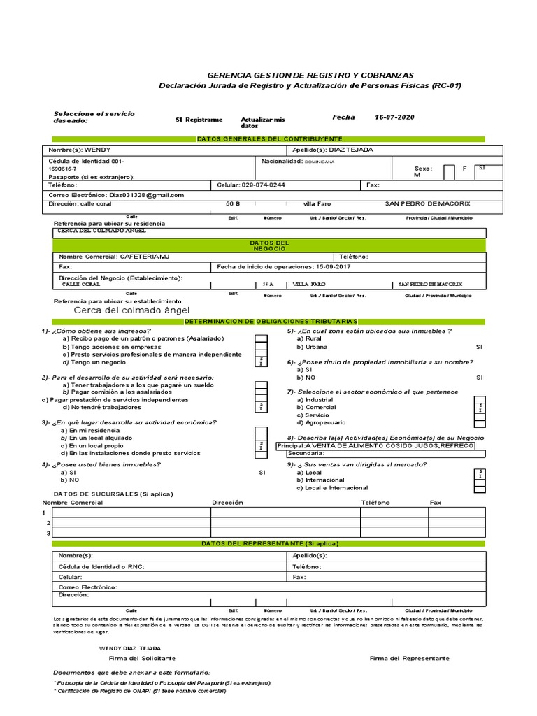 Declaracion Jurada de Registro y Actualizacion de Personas Fisicas (RC ...