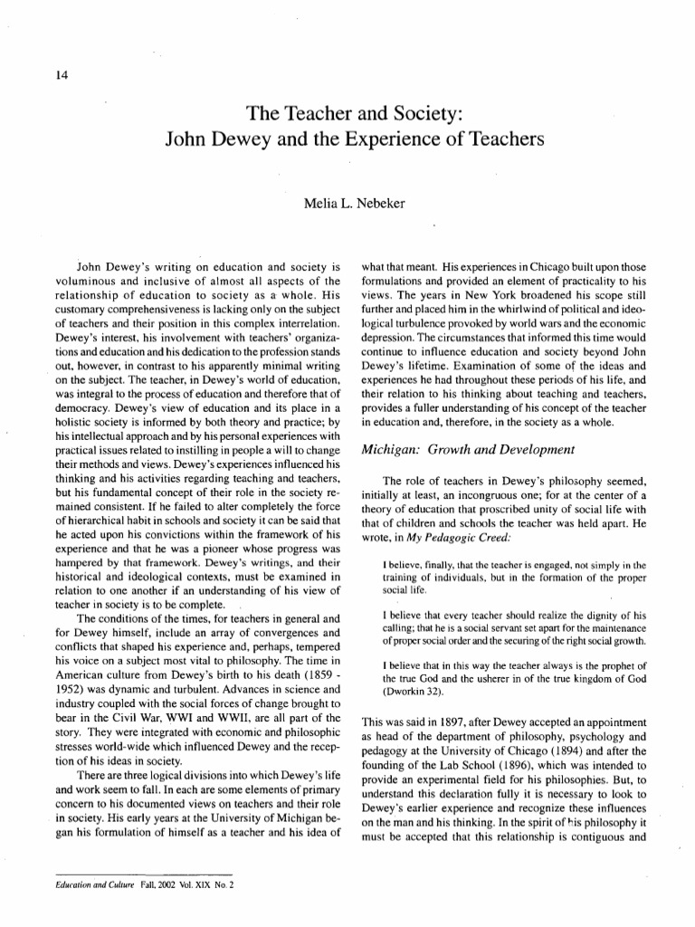 The Teacher and Society - John Dewey and The Experience of Teacher PDF ...