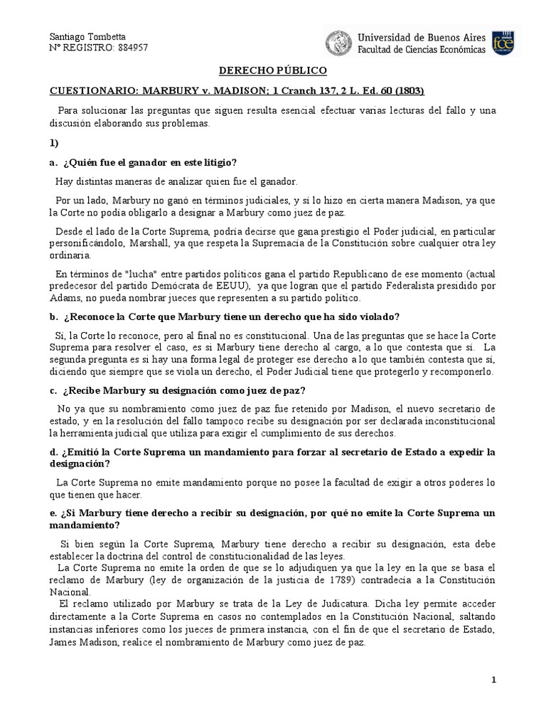 Análisis del caso Marbury v. Madison | PDF | Tribunal Supremo de los ...