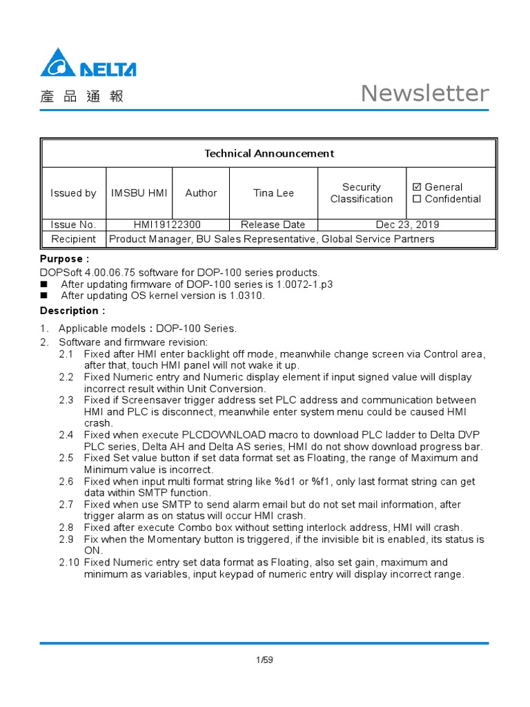DELTA IAHMI DOPSoft40006 Technical Announcement UMEN