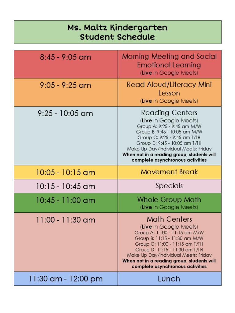Ms. Maltz Kindergarten Student Schedule 845 905 Am 905 925 Am 9