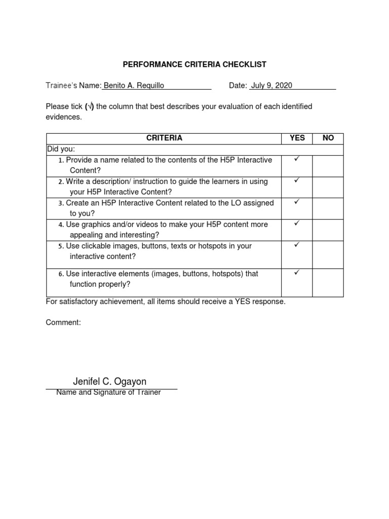 H5P Performance Criteria Checklist | PDF
