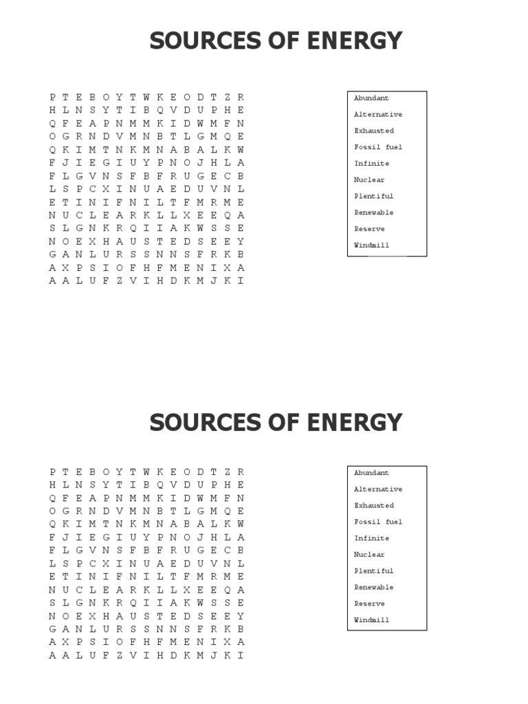 SOURCES OF ENERGY Word Search PDF