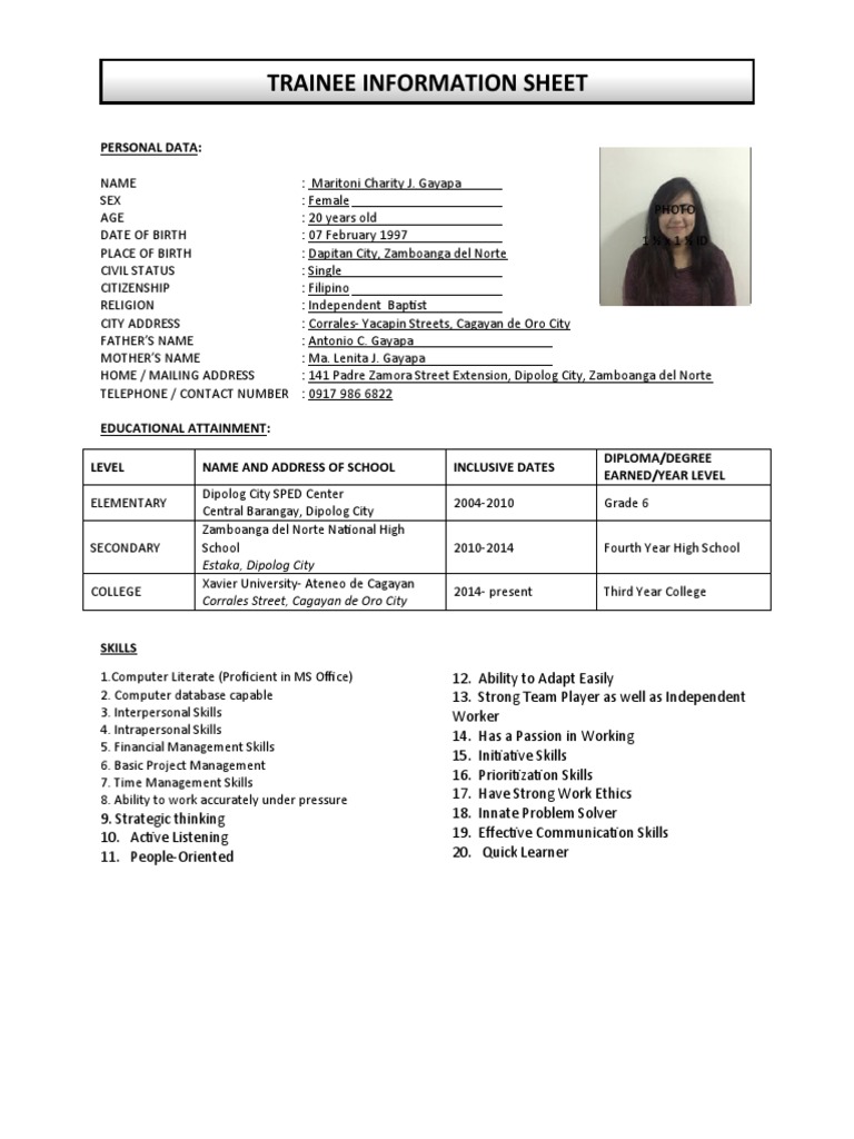 Trainee Information Sheet: Maritoni Gayapa | PDF | Business