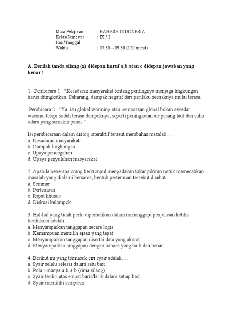 Soal Ujian Bahasa Indonesia Kelas IX | PDF | Seni & Disiplin Bahasa