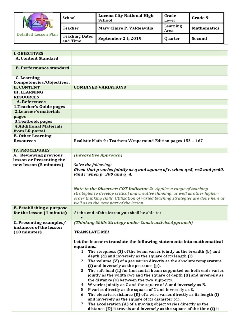 Detailed Lesson Plan: (Integrative Approach) | PDF | Constructivism ...