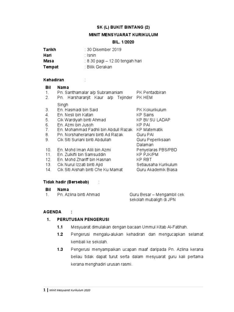 Latest Minit Mesyuarat Kurikulum Bil 1 2020 Edited Pdf