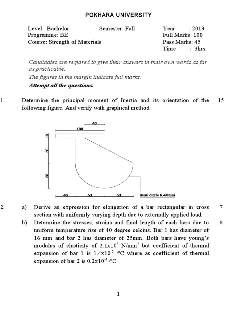 BE Strength of Materials Exam Questions | PDF | Bending | Stress ...