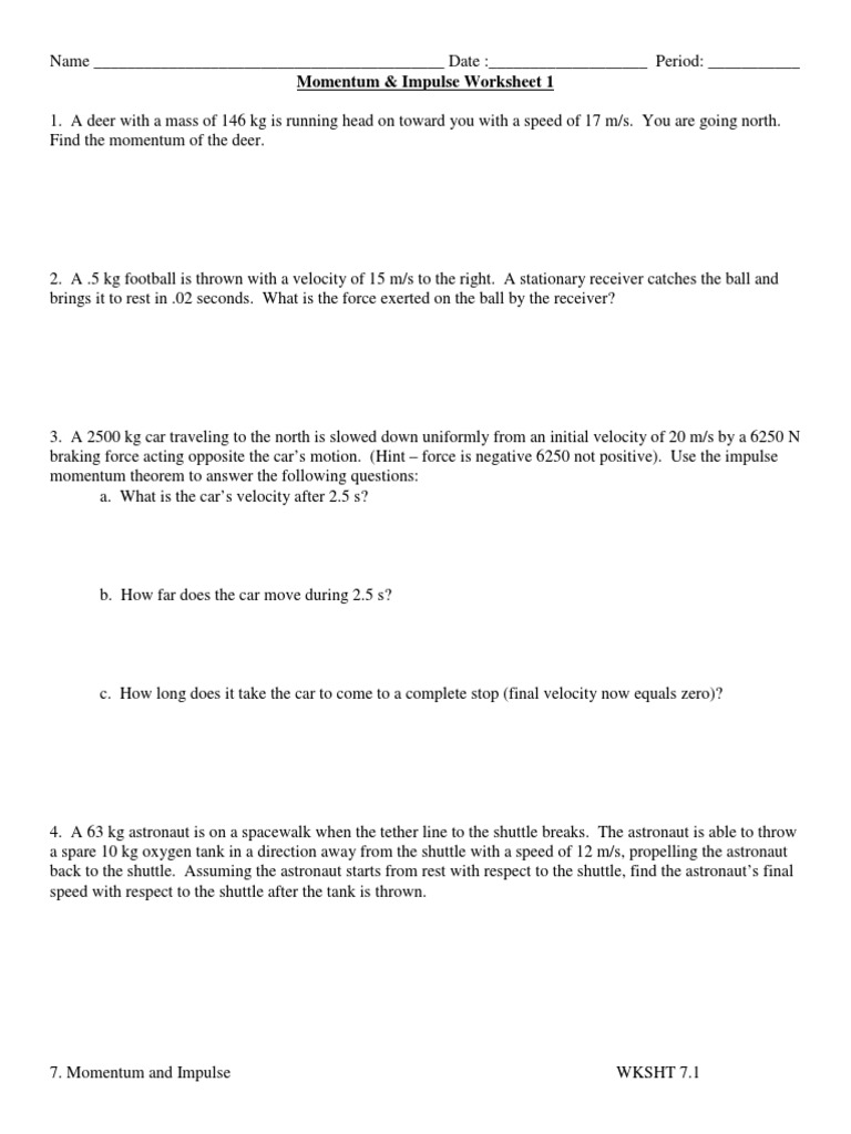Momentum and Impulse Worksheet 1 | PDF | Collision | Momentum