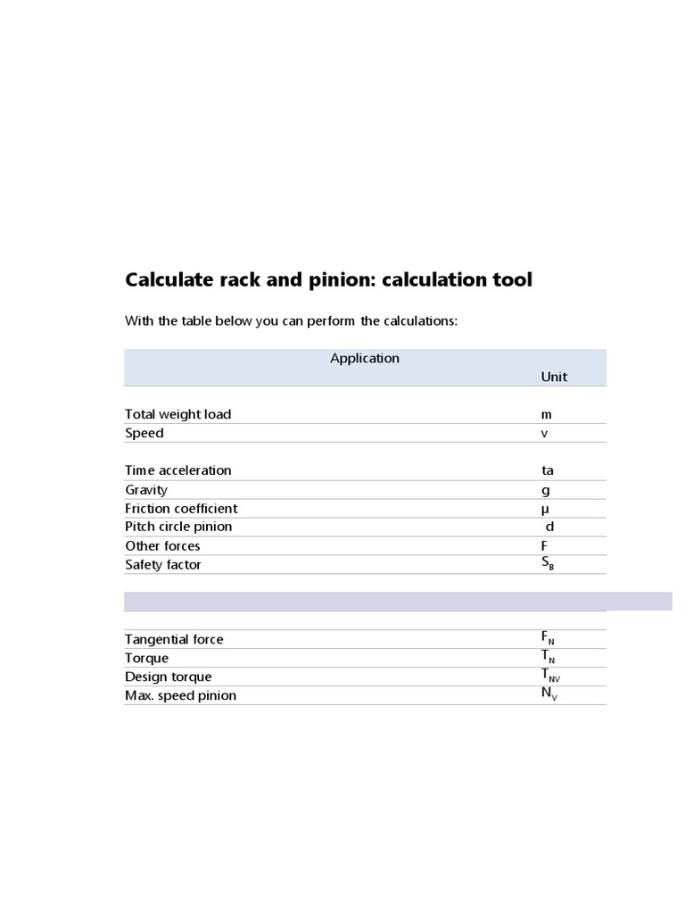 Rack and Pinion Calculation PDF Acceleration Speed