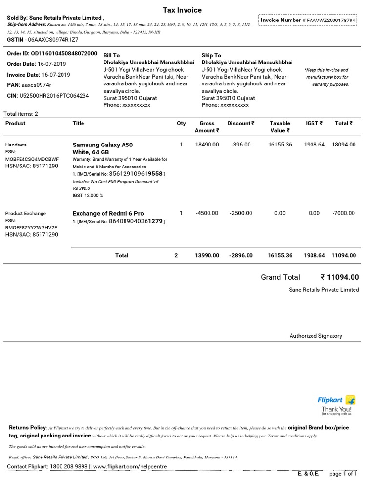 Samsung Galaxy A50 Invoice Details | PDF | Economies | Business