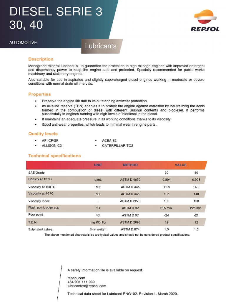 Repsol Diesel Serie 3 Sae 30 & 40 PDF | PDF | Lubricant | Diesel Engine