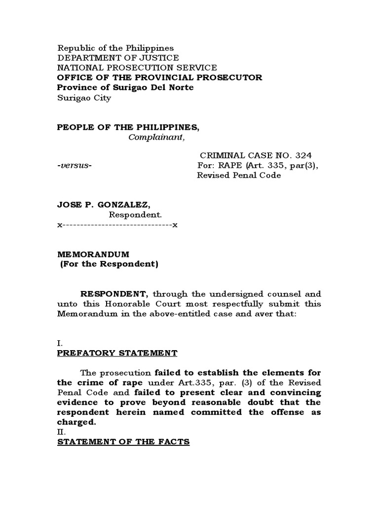 Memo Defense For Statutory Rape PDF Burden Of Proof (Law) Rape