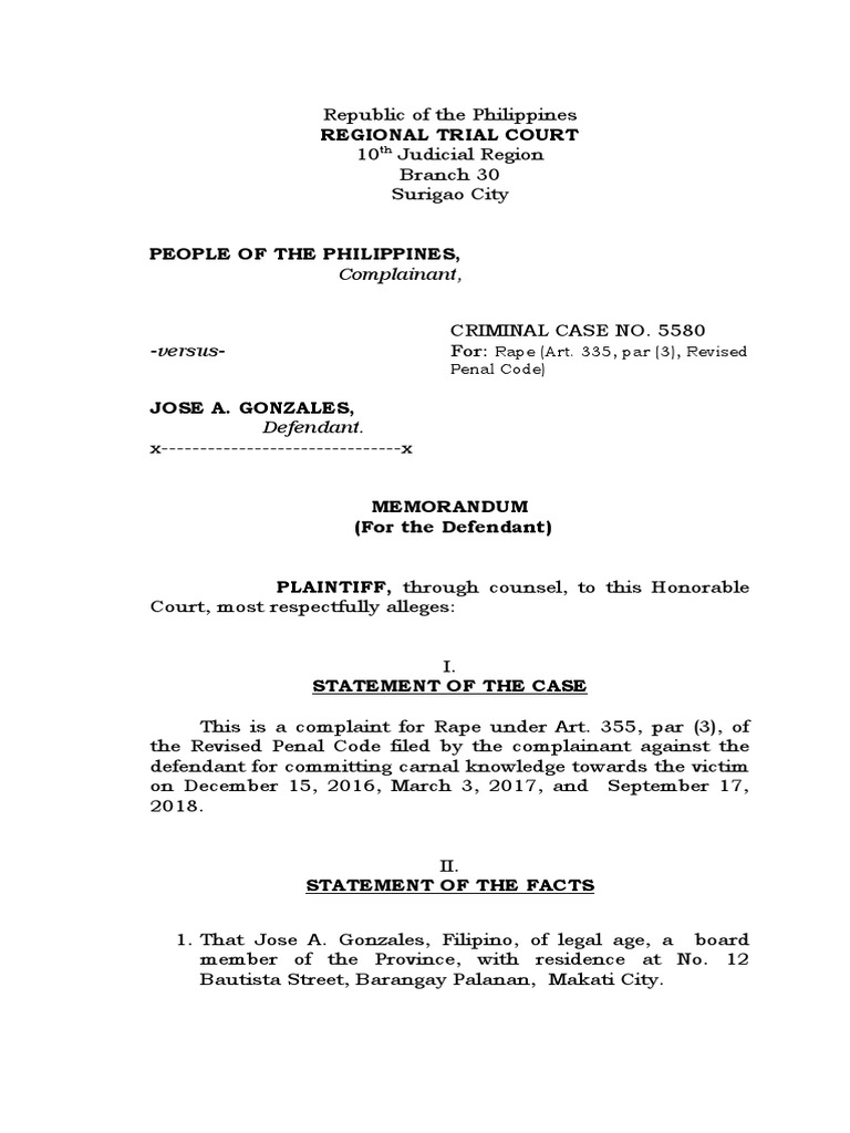 MEMORANDUM Statutory Rape PDF Rape Justice