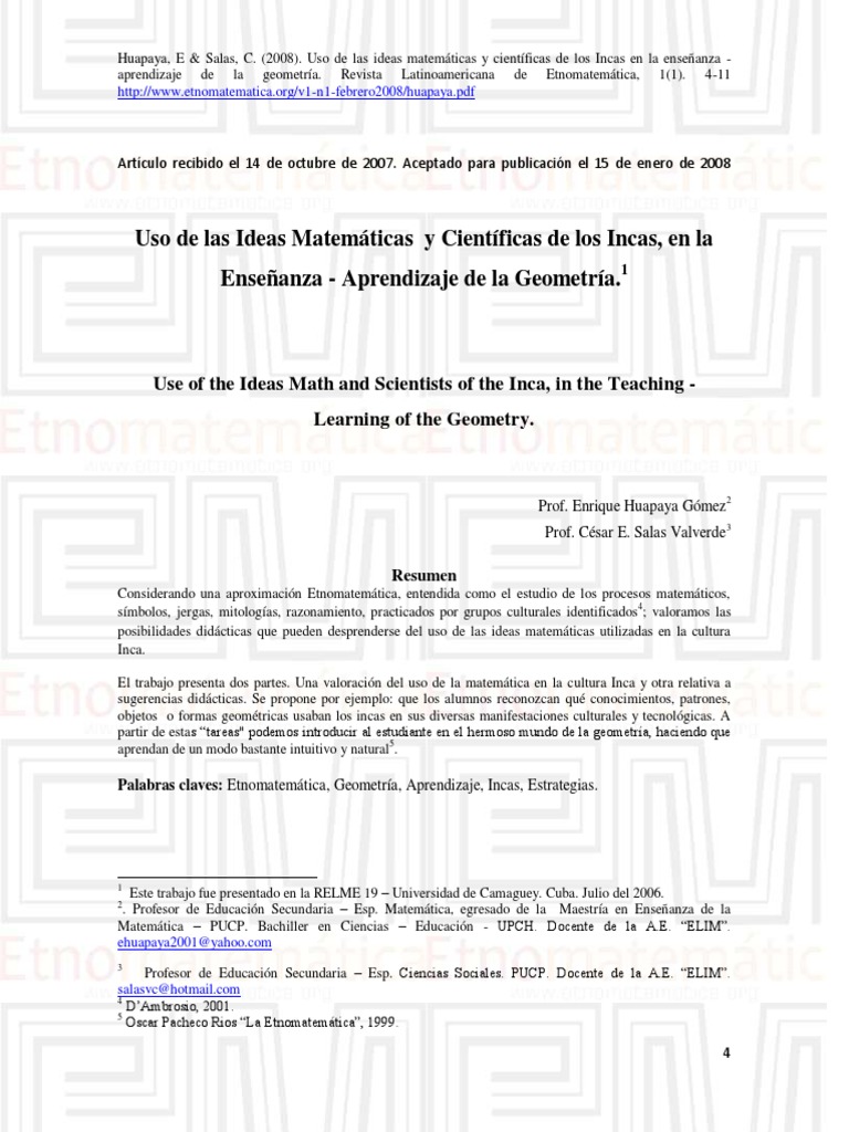 Etnomatemática Inca en Geometría Escolar | PDF | Imperio Inca | Geometría