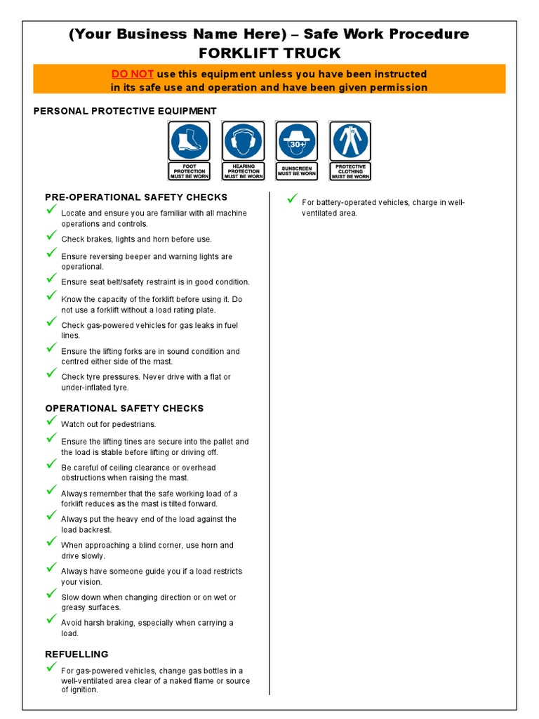 Forklift Safety Procedure Guidelines for Safe Operation and Maintenance of Forklifts PDF