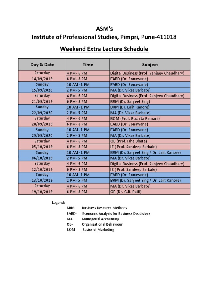Weekend Lecture Schedule for IPS Pune | PDF | Wellness