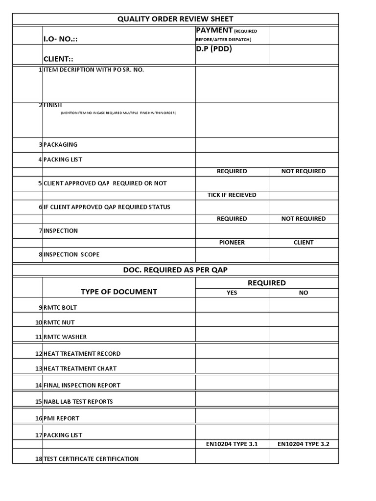 Quality Order Review Sheet | PDF