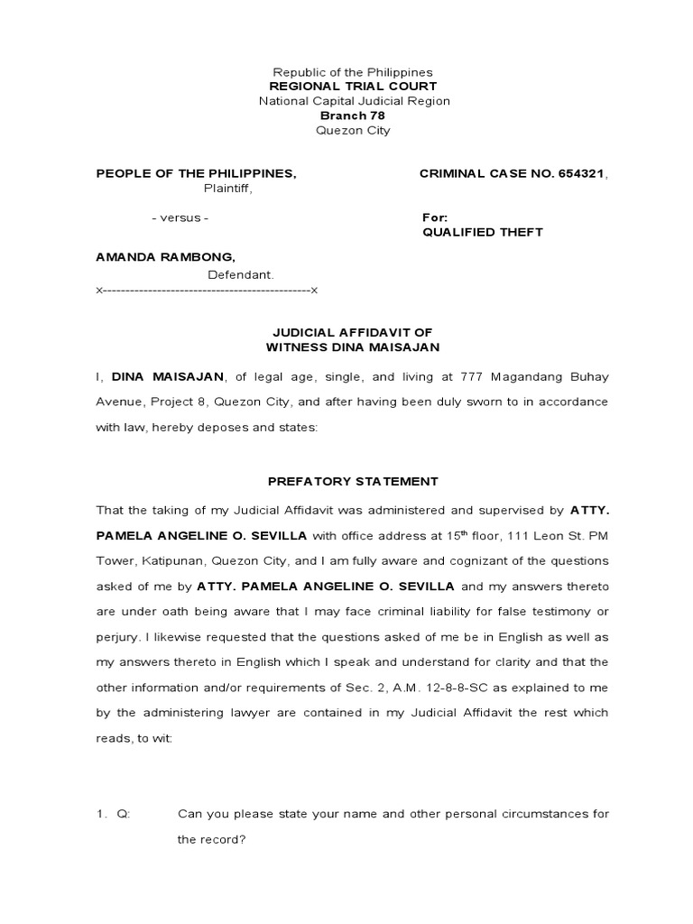Regional Trial Court Branch 78 | PDF | Affidavit | Perjury
