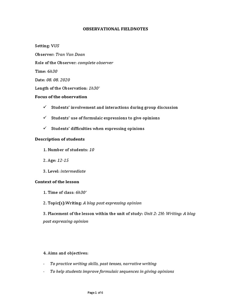 Observation 2 - Field Notes | PDF | Cognition | Learning