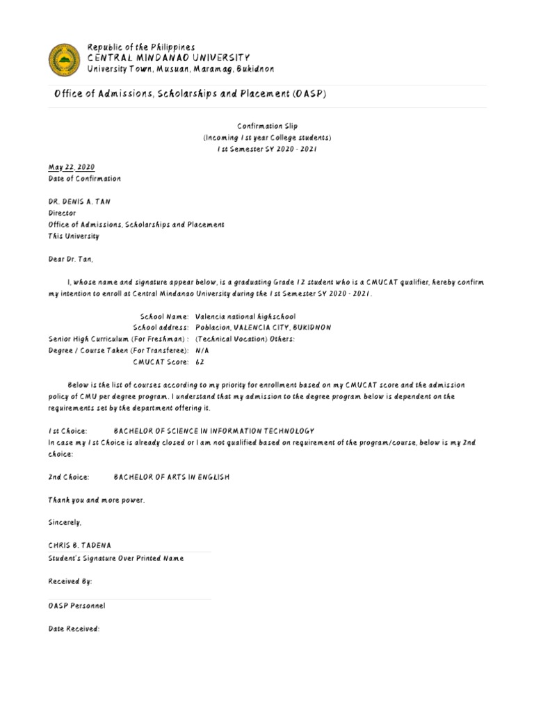 CMU Enrollment Confirmation Slip 2020 | PDF