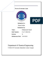 Department of Chemical Engineering: Process Economics Quiz