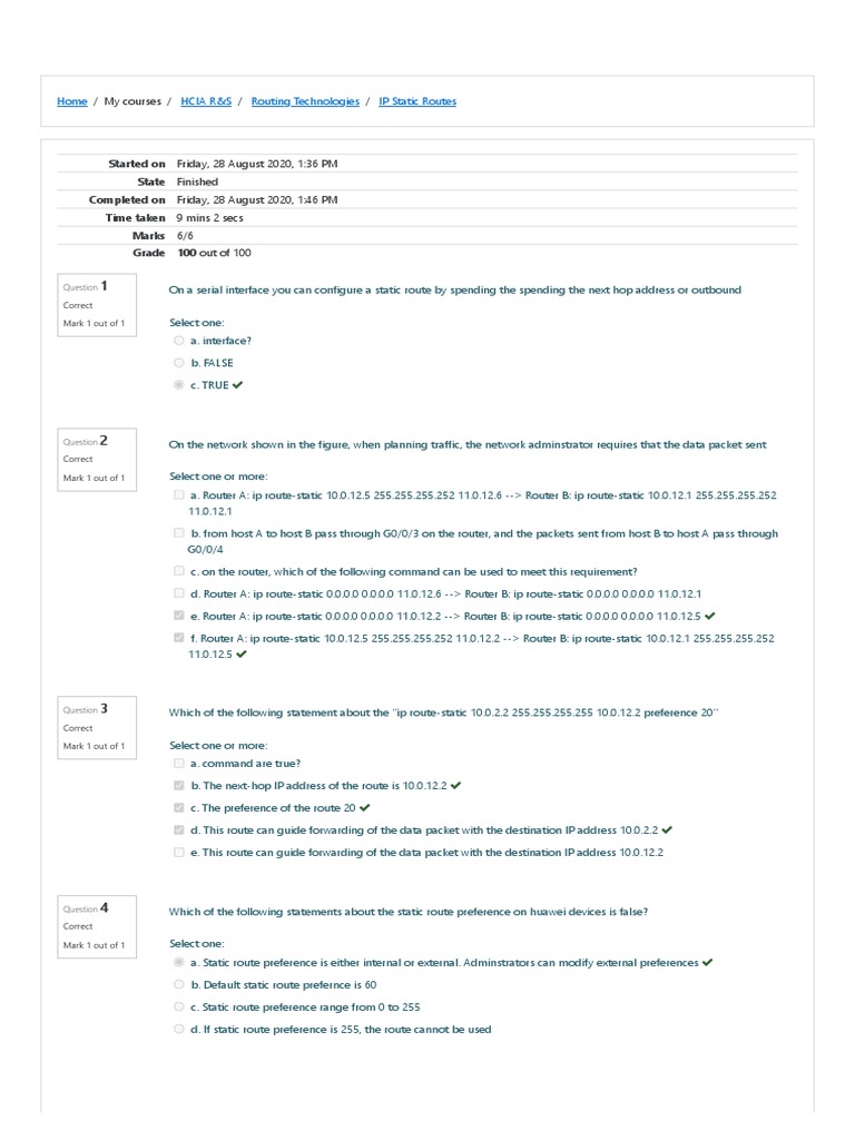 IP Static Routes Quiz Results | PDF | Router (Computing) | Internet ...