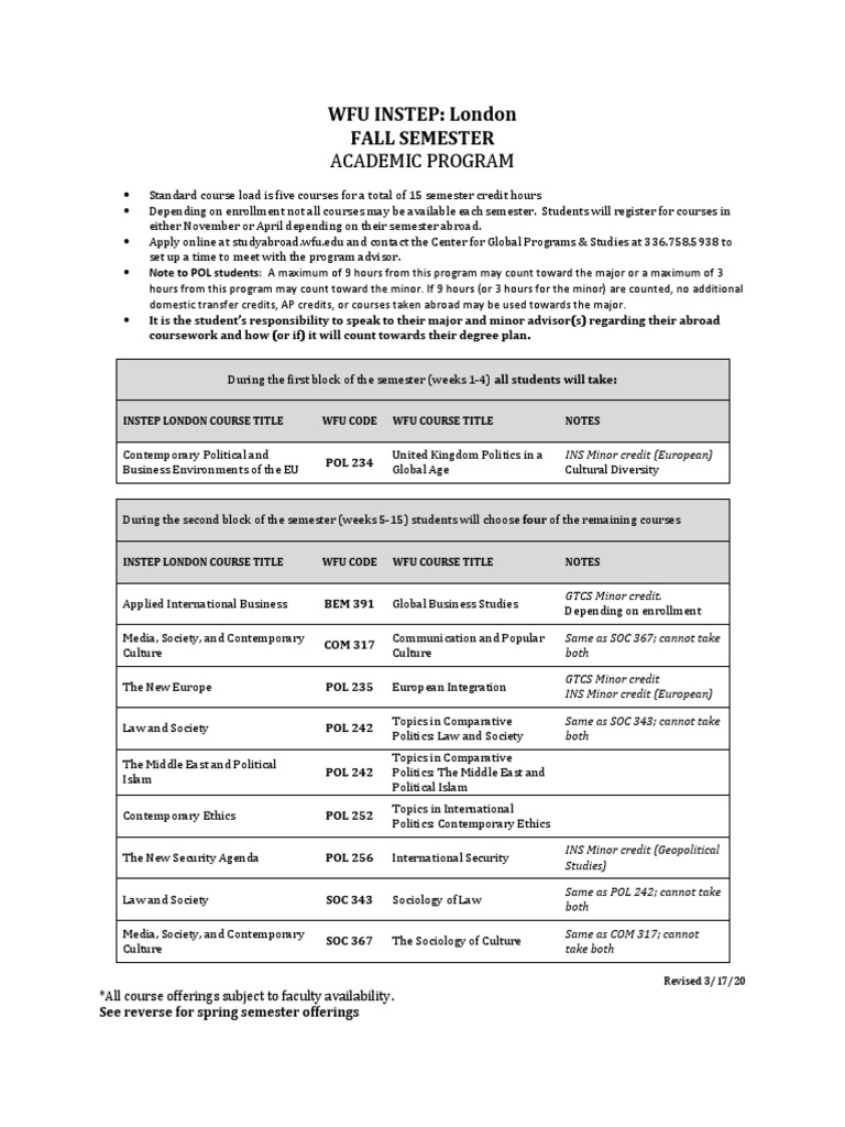 WFU INSTEP London Academic Overview | PDF | Course Credit | Academic Term