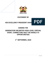 STATEMENT BY HIS EXCELLENCY PRESIDENT UHURU KENYATTA DURING THE  GENERATION UNLIMITED HIGH-LEVEL VIRTUAL EVENT, CONNECTING HALF THE WORLD TO OPPORTUNITIES. DATE: TUESDAY 1ST SEPTEMBER, 2020.