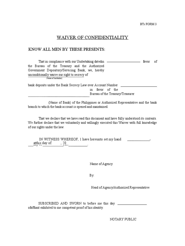 BTr Form 3: Bank Secrecy Waiver | PDF | Finance & Money Management ...