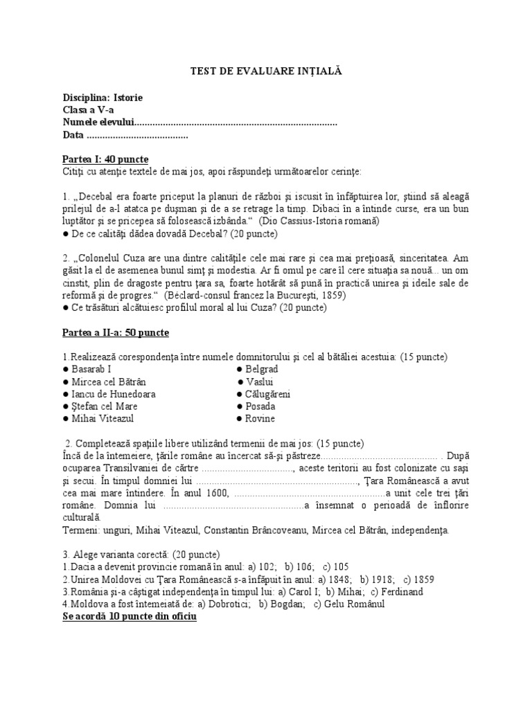 Test Initial Clasa A 5 Istorie Cu Matrice | PDF