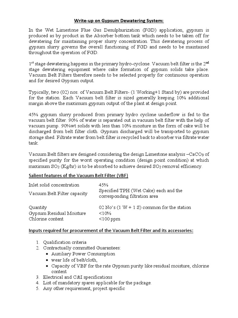 Gypsum Dewatering System Writeup PDF Filtration Chemical Engineering