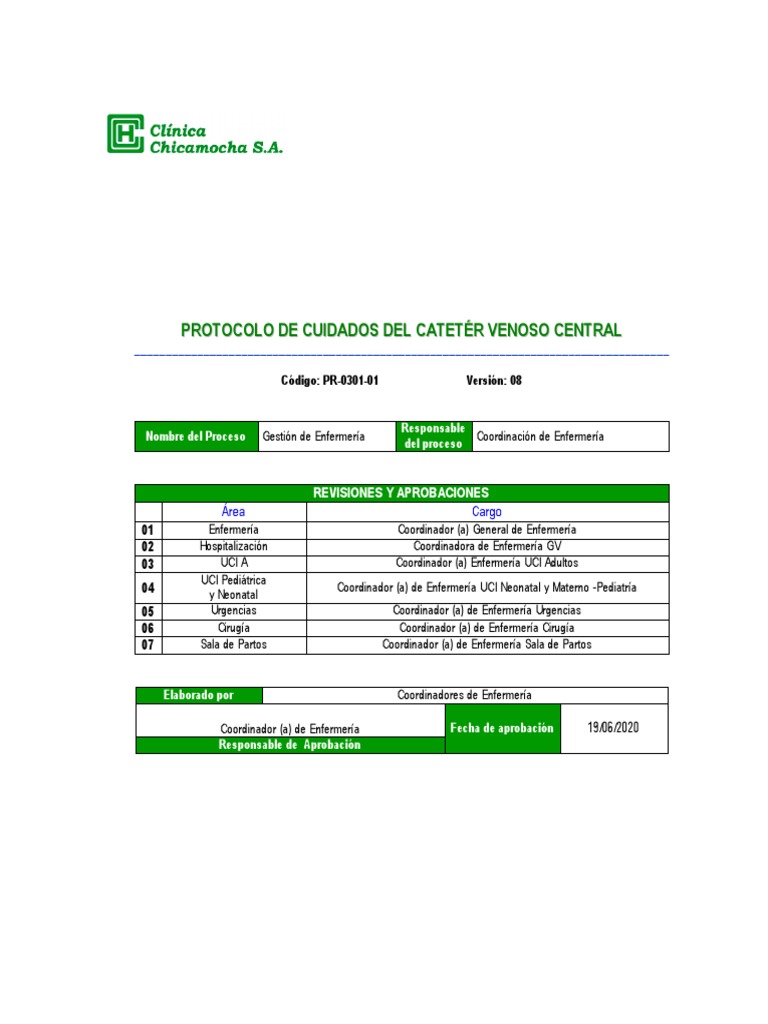 PR-0301-01 Protocolo de Cuidados Del Catéter Venoso Central V8 PDF ...