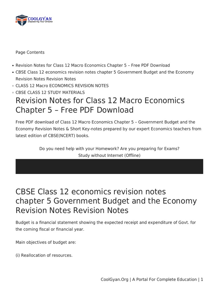 Class 12 Economics Notes for Government Budget and the Economy