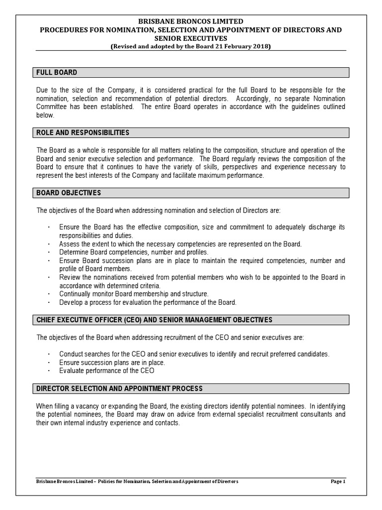 Brisbane Broncos Director Appointment Procedures | PDF | Board Of ...