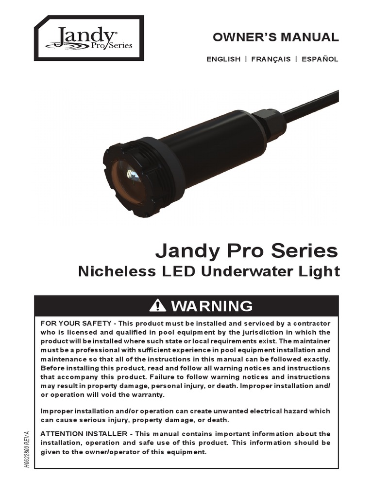 Jandy Pro Series Nicheless LED Underwater Light PDF Transformer