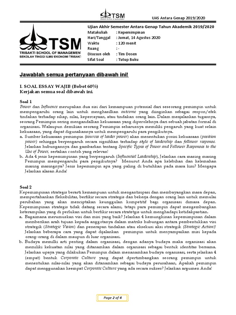 Soal Uas Antara Kepemimpinan Agustus 2020