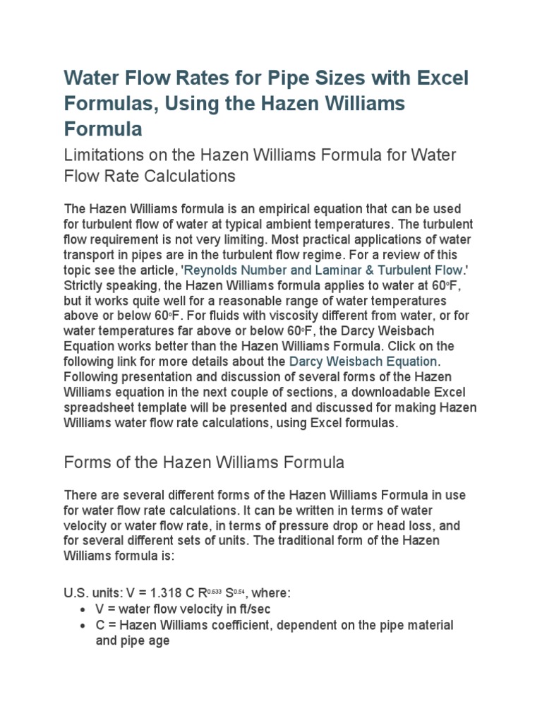 Calculating Water Flow Rates in Pipes Using the Hazen Williams Formula