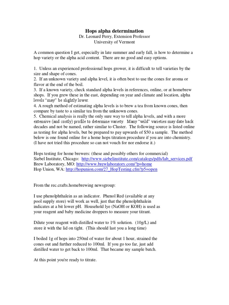Hops Alpha Acid Testing Guide | PDF | Titration | Chemistry
