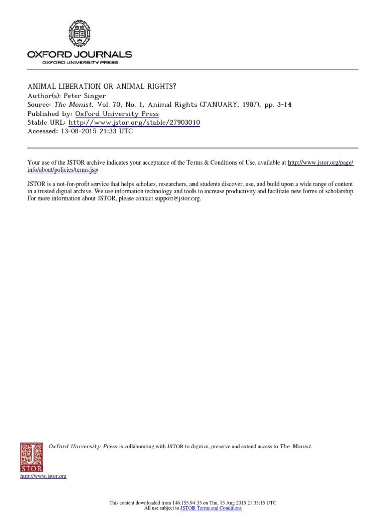 Singer, Peter (1987) - Animal Liberation or Animal Rights | PDF ...