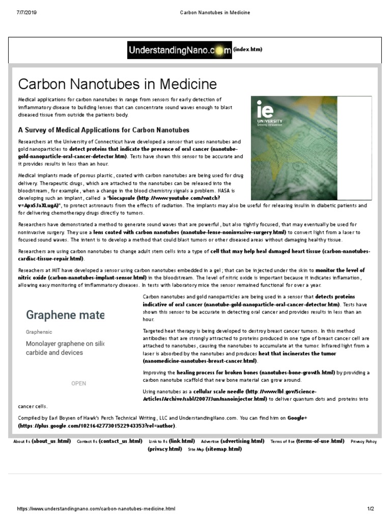 Carbon Nanotubes in Medicine | PDF | Chemistry | Medical Specialties