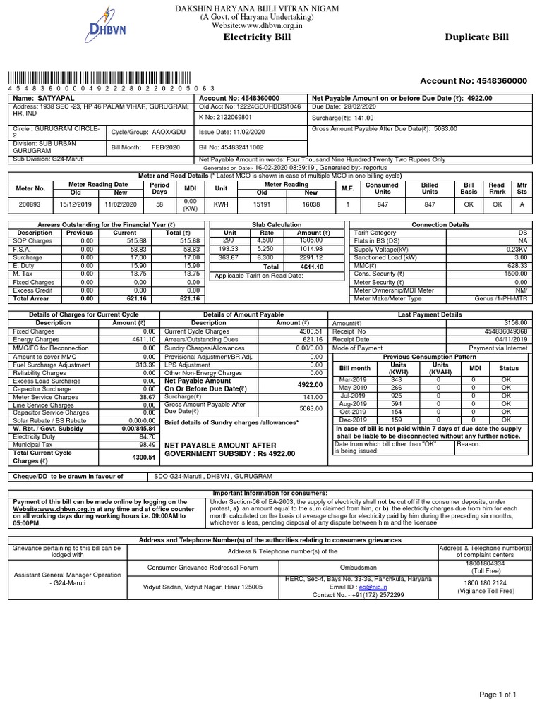 Electricity Bill Duplicate Bill: Account No: 4548360000 | PDF ...