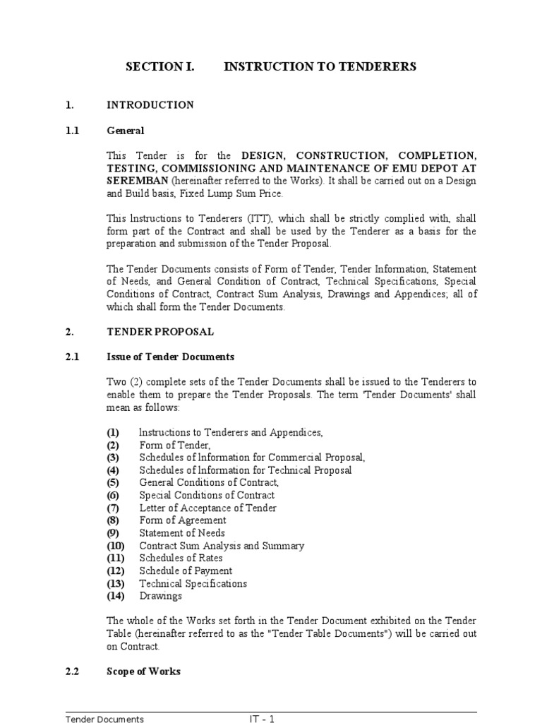 Instruction to Tenderer Specification (Technical Standard) Joint