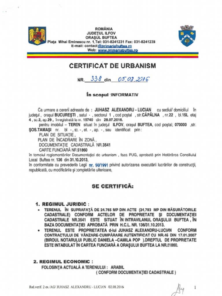 Certificat de Urbanism Buftea | PDF