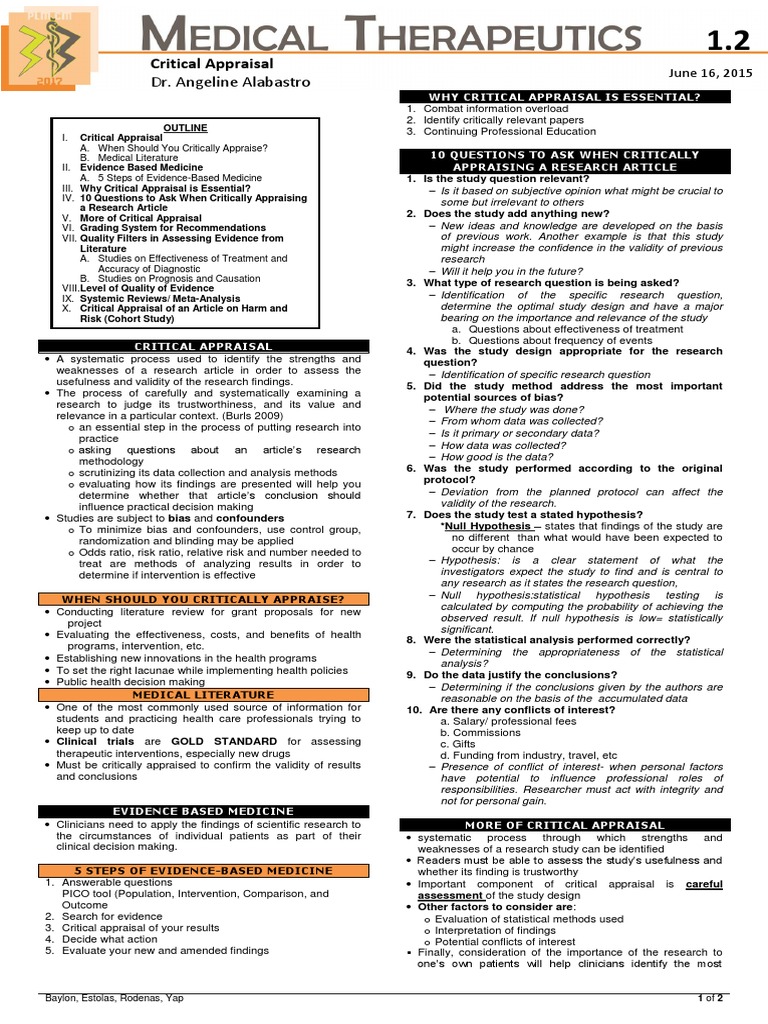 Med Thera 1.2 Critical Appraisal | PDF | Evidence Based Medicine ...