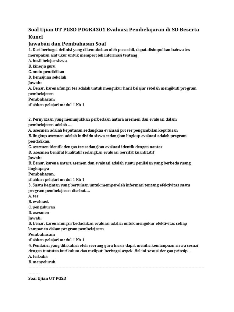 Soal Ujian Evaluasi Pembelajaran PGSD | PDF | Karier & Perkembangan ...