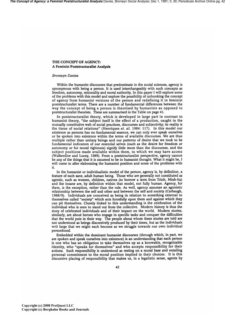 Davies 1991 The Concept of Agency A Feminist Poststructuralist