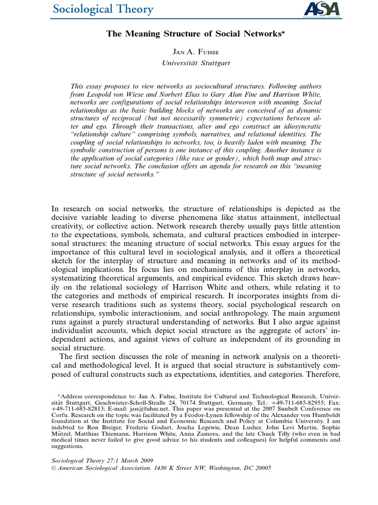 Fuhse The Meaning Structure of Social Networks PDF Social Network